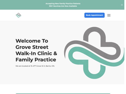 Screenshot of the Grove St Walk-In Clinic & Family Practice homepage, grovestreet.cortico.ca, captured 2026-08-19, shown as the evidence for this review