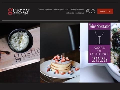 Screenshot of the Gustav Chophouse and Bar homepage, www.gustavs.ca, captured 2026-08-19, shown as the evidence for this review