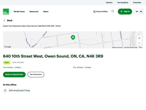 Screenshot of the H&R Block homepage, www.hrblock.ca/tax-office-near-me/640-10th-street-west, captured 2026-08-19, shown as the evidence for this review