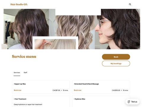 Screenshot of the Hair Studio CO. homepage, hair-studio-co.square.site, captured 2026-08-19, shown as the evidence for this review