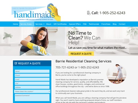 Screenshot of the Handimaids Home Cleaning and Maid Service Barrie Ontario homepage, www.handimaids.com/service-areas/barrie-maid-service, captured 2026-08-19, shown as the evidence for this review