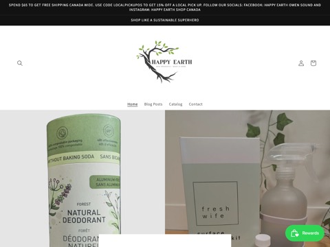 Screenshot of the Happy Earth Shop homepage, www.happyearthshop.ca, captured 2026-08-13, shown as the evidence for this review