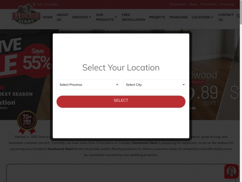 Screenshot of the Hardwood Giant - Laminate, Vinyl, Tiles, Carpet homepage, www.hardwoodgiant.ca, captured 2026-08-19, shown as the evidence for this review