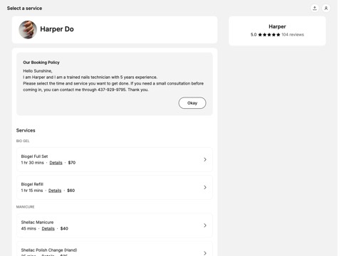 Screenshot of the Harper Nail Studio homepage, harperixla.setmore.com/harperdo, captured 2026-08-19, shown as the evidence for this review