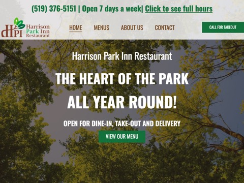 Screenshot of the Harrison Park Inn Restaurant homepage, www.harrisonparkinn.com, captured 2026-08-19, shown as the evidence for this review