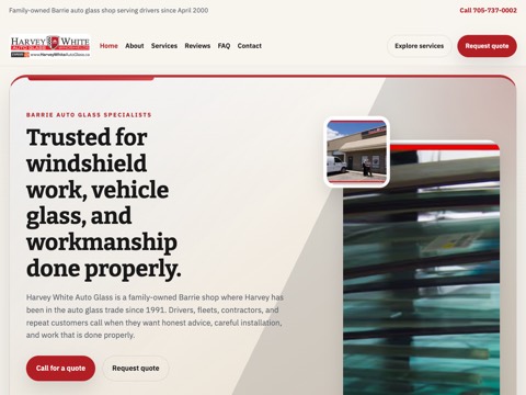 Screenshot of the Harvey White Auto Glass homepage, harveywhiteautoglass.ca, captured 2026-08-19, shown as the evidence for this review