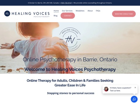 Screenshot of the HEALING VOICES PSYCHOTHERAPY homepage, www.healingvoicespsychotherapy.ca, captured 2026-08-19, shown as the evidence for this review