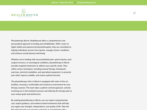Screenshot of the Health Bound Health Network - Barrie Physiotherapy homepage, healthbound.ca/barrie, captured 2026-08-19, shown as the evidence for this review
