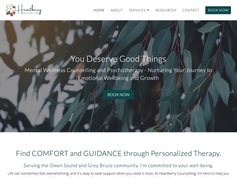 Screenshot of the Heartberry Counselling homepage, heartberrycounselling.com, captured 2026-08-19, shown as the evidence for this review