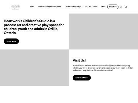 Screenshot of the Heartworks Children's Studio homepage, www.heartworkschildrensstudio.ca, captured 2026-08-19, shown as the evidence for this review