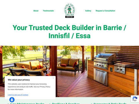 Screenshot of the Hickory Dickory Decks Barrie website