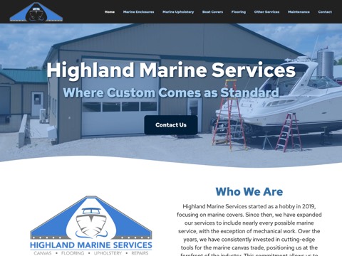 Screenshot of the Highland Marine Services - Custom Boat Covers - Marine Upholstery website