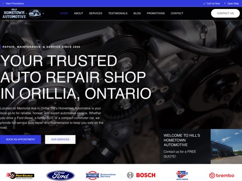 Screenshot of the Hill's Hometown Automotive homepage, www.hillshometownautomotive.com, captured 2026-08-19, shown as the evidence for this review