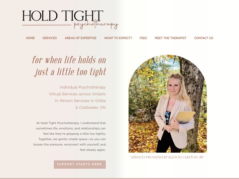 Screenshot of the Hold Tight Psychotherapy homepage, www.holdtightpsychotherapy.ca, captured 2026-08-19, shown as the evidence for this review