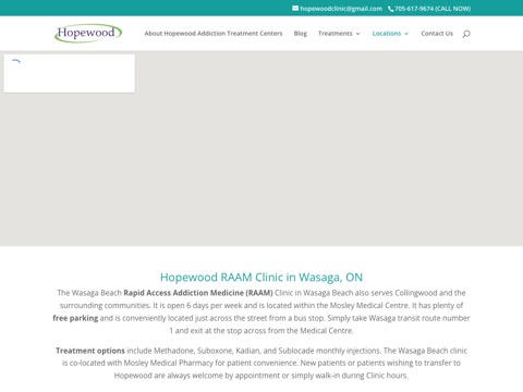 Screenshot of the Hopewood RAAM Clinic homepage, www.hopewoodclinic.com/locations/wasaga-beach/?utm_source=google&utm_medium=organic&utm_campaign=gmb-wasaga, captured 2026-08-19, shown as the evidence for this review