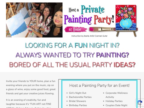 Screenshot of the Host a Private Painting Party at Home homepage, www.carmensuter.com/private-painting-parties-at-home, captured 2026-08-19, shown as the evidence for this review