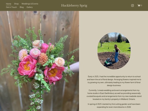Screenshot of the Huckleberry Sprig homepage, www.huckleberrysprig.ca, captured 2026-08-19, shown as the evidence for this review