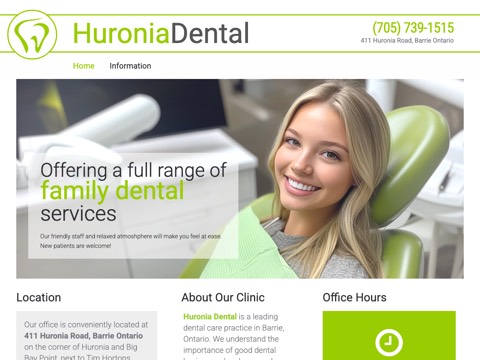 Screenshot of the Huronia Dental homepage, www.huroniadental.com, captured 2026-08-19, shown as the evidence for this review