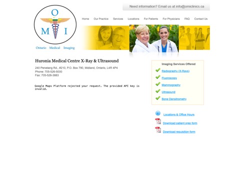 Screenshot of the Huronia Medical Centre homepage at omiclinics.ca/huronia-medical-centre-x-ray-ultrasound, captured 2026-08-19, shown as the evidence for the review on this page