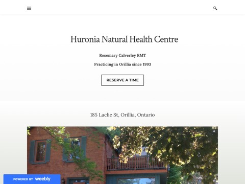 Screenshot of the Huronia Natural Health homepage, huronianaturalhealthcentre.weebly.com, captured 2026-08-19, shown as the evidence for this review