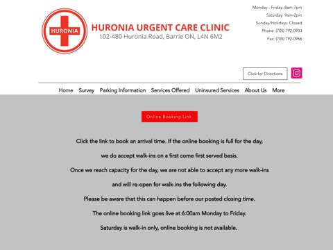 Screenshot of the Huronia Urgent Care Clinic homepage, www.huroniaurgentcareclinic.com, captured 2026-08-19, shown as the evidence for this review