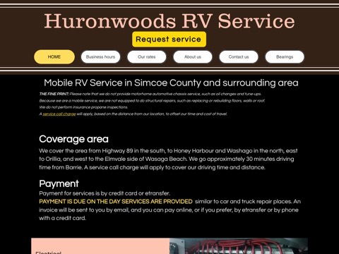 Screenshot of the Huronwoods RV Service homepage, www.huronwoodsrv.com, captured 2026-08-19, shown as the evidence for this review