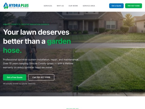Screenshot of the Hydraplus Irrigation Systems homepage, www.hydraplusirrigation.com, captured 2026-08-19, shown as the evidence for this review