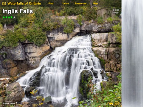 Screenshot of the Inglis Falls homepage, waterfallsofontario.com/inglis-falls.php, captured 2026-08-13, shown as the evidence for this review