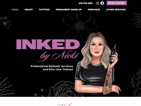 Screenshot of the Inked by Nicki Permanent makeup, Fine line tattoos & Professional Piercings website