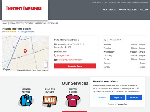 Screenshot of the Instant Imprints Barrie website
