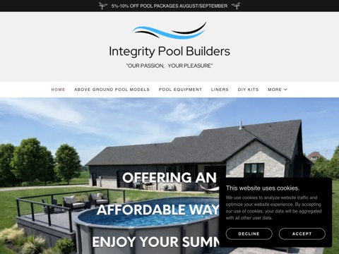 Screenshot of the Integrity Pool Builders Inc. homepage, integritypools.ca, captured 2026-08-19, shown as the evidence for this review