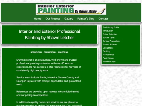 Screenshot of the Interior Exterior Painting by Shawn Letcher homepage, www.muskokapainters.com, captured 2026-08-13, shown as the evidence for this review