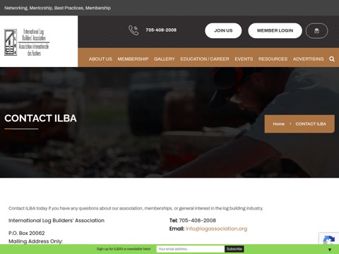 Screenshot of the International Log Builders Association homepage, logassociation.org/contact, captured 2026-08-19, shown as the evidence for this review