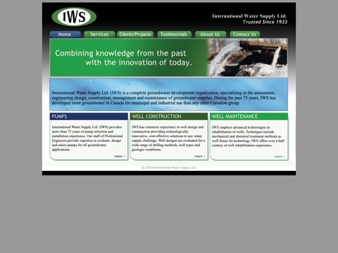 Screenshot of the International Water Supply Ltd homepage, www.iws.ca, captured 2026-08-13, shown as the evidence for this review