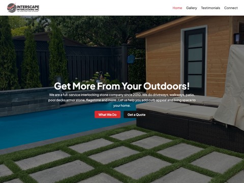 Screenshot of the Interscape Interlocking Inc. homepage, interscapeinterlock.ca, captured 2026-08-13, shown as the evidence for this review