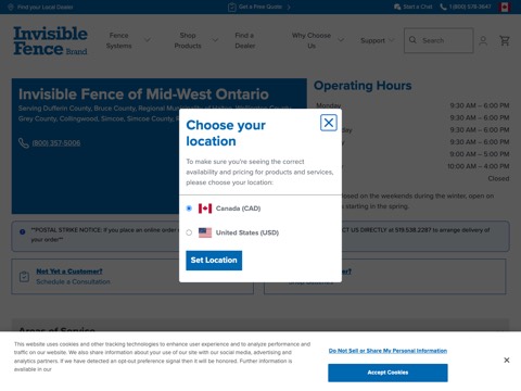 Screenshot of the Invisible Fence of Mid West Ontario website