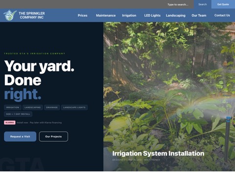 Screenshot of the Irrigation, LED Lighting, Sodding - Sprinkler Company Inc. homepage, sprinklercompany.ca, captured 2026-08-19, shown as the evidence for this review