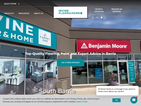 Screenshot of the Irvine Floor & Home homepage, www.irvinefloorandhome.ca, captured 2026-08-19, shown as the evidence for this review