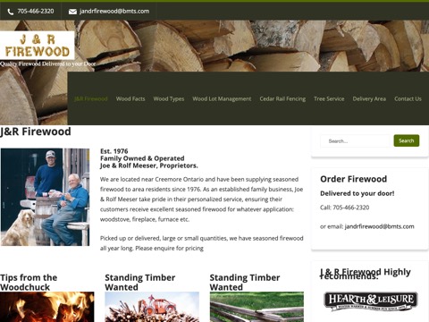Screenshot of the J & R Firewood homepage at firewood.ca, captured 2026-08-19, shown as the evidence for the review on this page