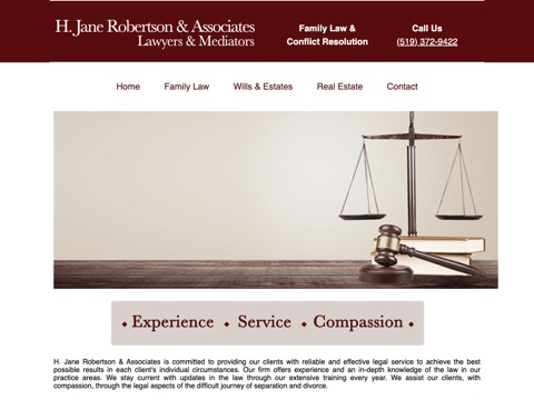 Screenshot of the Jane H. Robertson, Lawyer homepage, owensoundadvice.com, captured 2026-08-19, shown as the evidence for this review