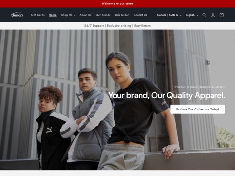 Screenshot of the Jenari Promotional Apparel website