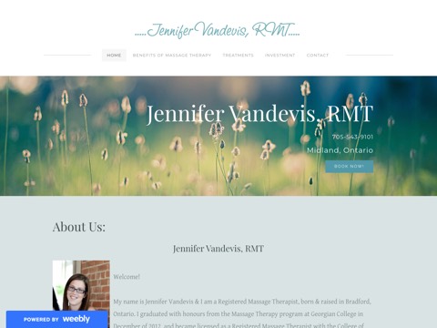Screenshot of the Jennifer Vandevis, RMT (Midland, Ont.) homepage, jennifervandevisrmt.weebly.com, captured 2026-08-19, shown as the evidence for this review