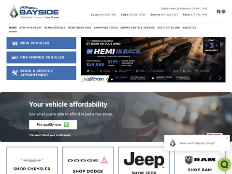 Screenshot of the Jerry Pfeil Bayside Chrysler Dodge Jeep Ram homepage, www.baysidecdjr.com, captured 2026-08-19, shown as the evidence for this review