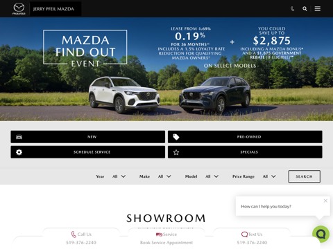 Screenshot of the Jerry Pfeil Mazda homepage, www.jerrypfeilmazda.com, captured 2026-08-19, shown as the evidence for this review