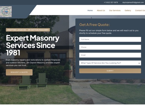 Screenshot of the Jim Dayton Masonry homepage, jimdaytonmasonry.com, captured 2026-08-13, shown as the evidence for this review