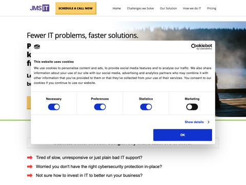 Screenshot of the JMS IT homepage, www.jmsit.ca, captured 2026-08-19, shown as the evidence for this review