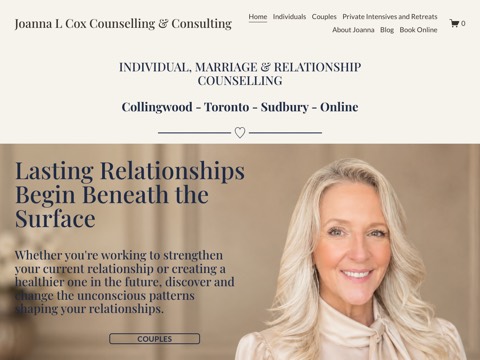 Screenshot of the Joanna L Cox Counselling & Consulting homepage, www.joannacox.ca, captured 2026-08-19, shown as the evidence for this review