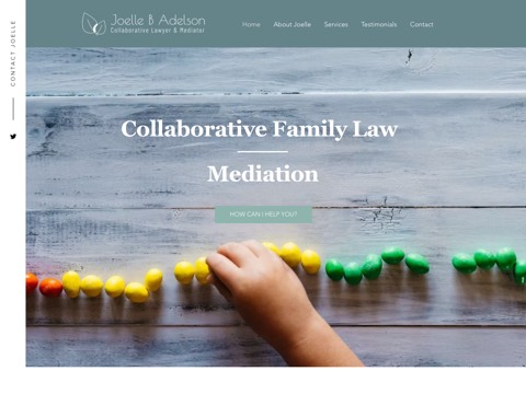 Screenshot of the Joelle Adelson, Collaborative Lawyer & Mediator homepage, www.adelsonlaw.ca, captured 2026-08-19, shown as the evidence for this review