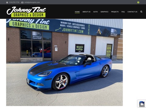 Screenshot of the Johnny Tint Graphics & Design homepage, windowtintpros.com, captured 2026-08-19, shown as the evidence for this review