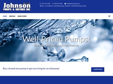 Screenshot of the Johnson Pumps & Motors Inc homepage, johnsonpumps.ca, captured 2026-08-19, shown as the evidence for this review